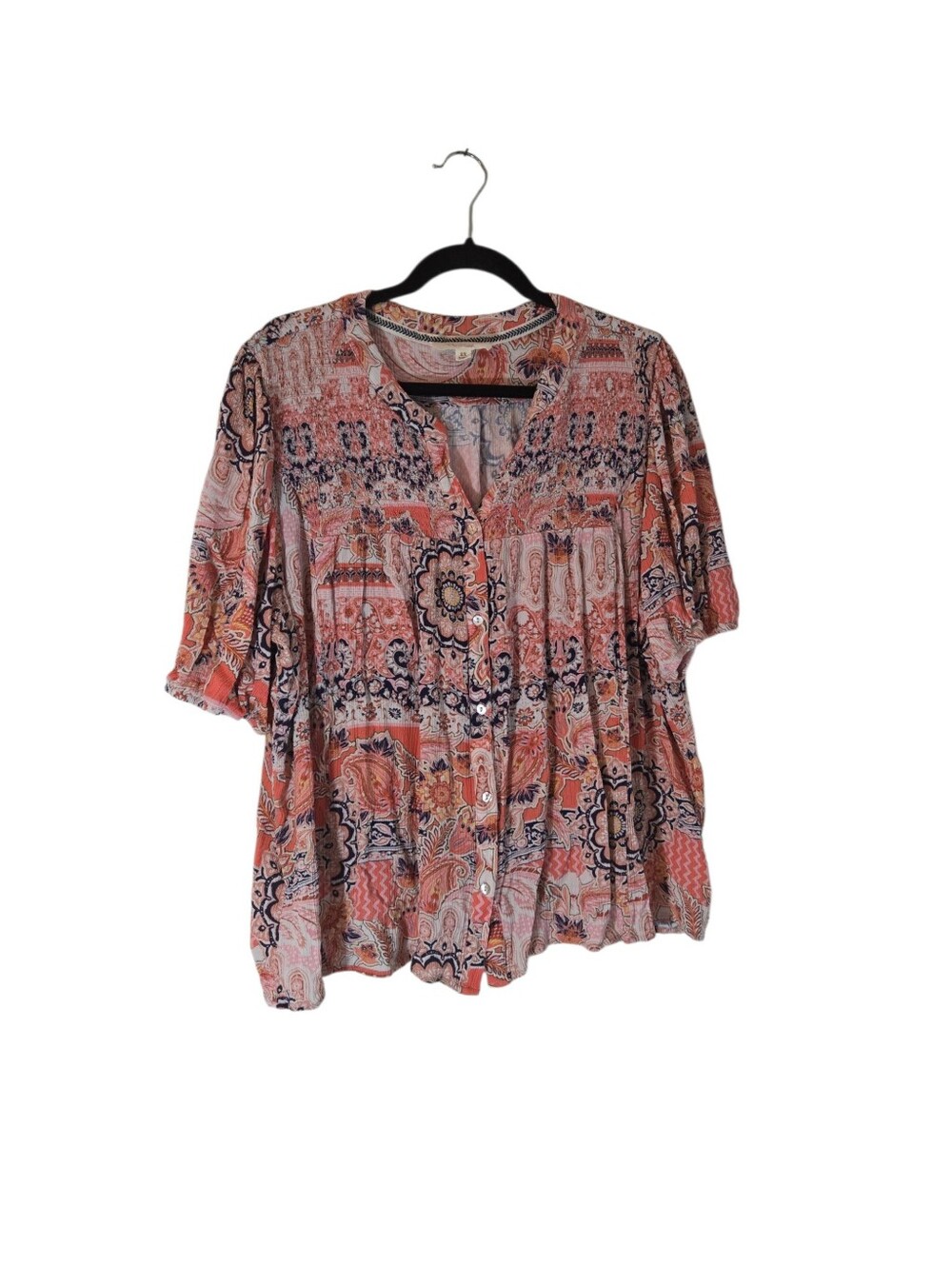 Nurture by Westbound Boho Floral Medallion Print Short Sleeve Top - Peach Pink